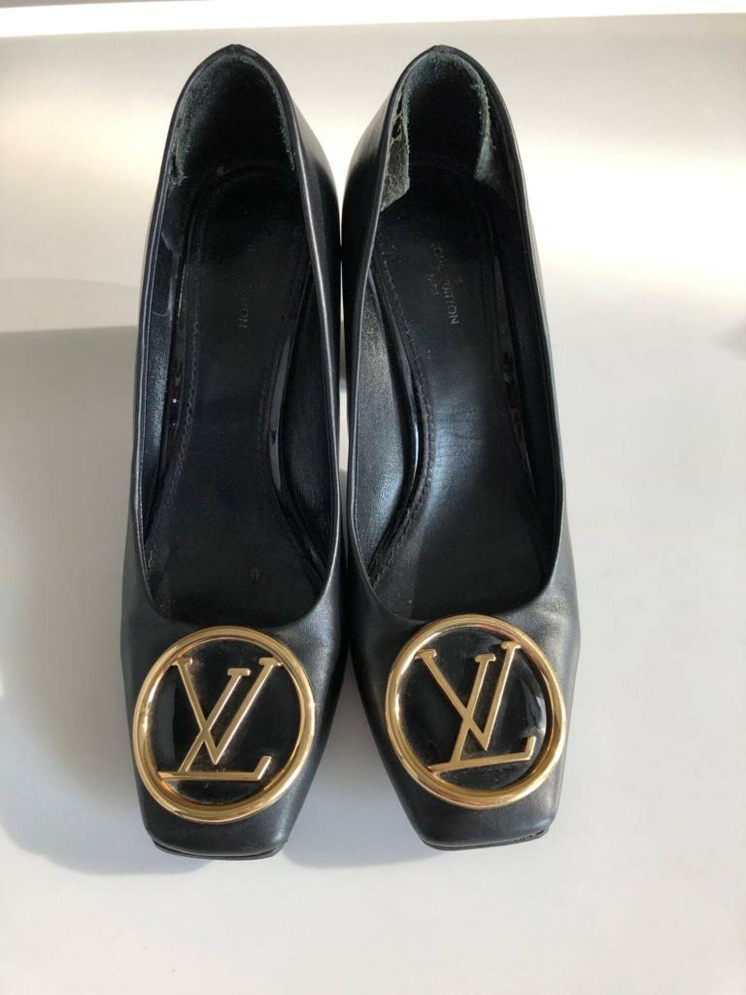 Louis Vuitton Black Patent Leather Madeleine Logo Block Heel